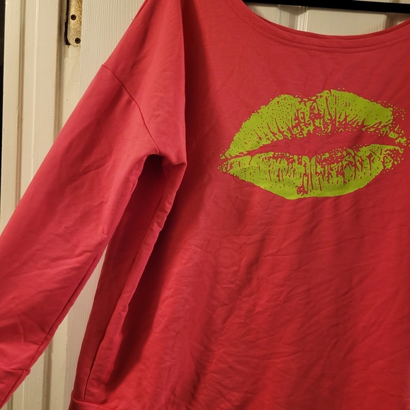 Hot Pink Neon Green Lip Print Women's Off Shoulder Top Xxl - Picture 7 of 9